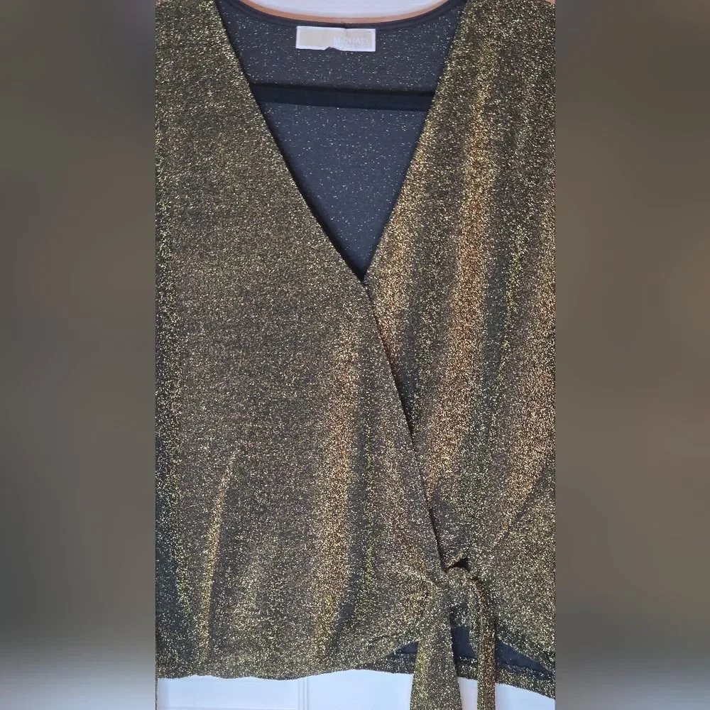 Michael Kors XL Shimmering Black Gold Faux Wrap V-Neck Lslv Women's Sweater